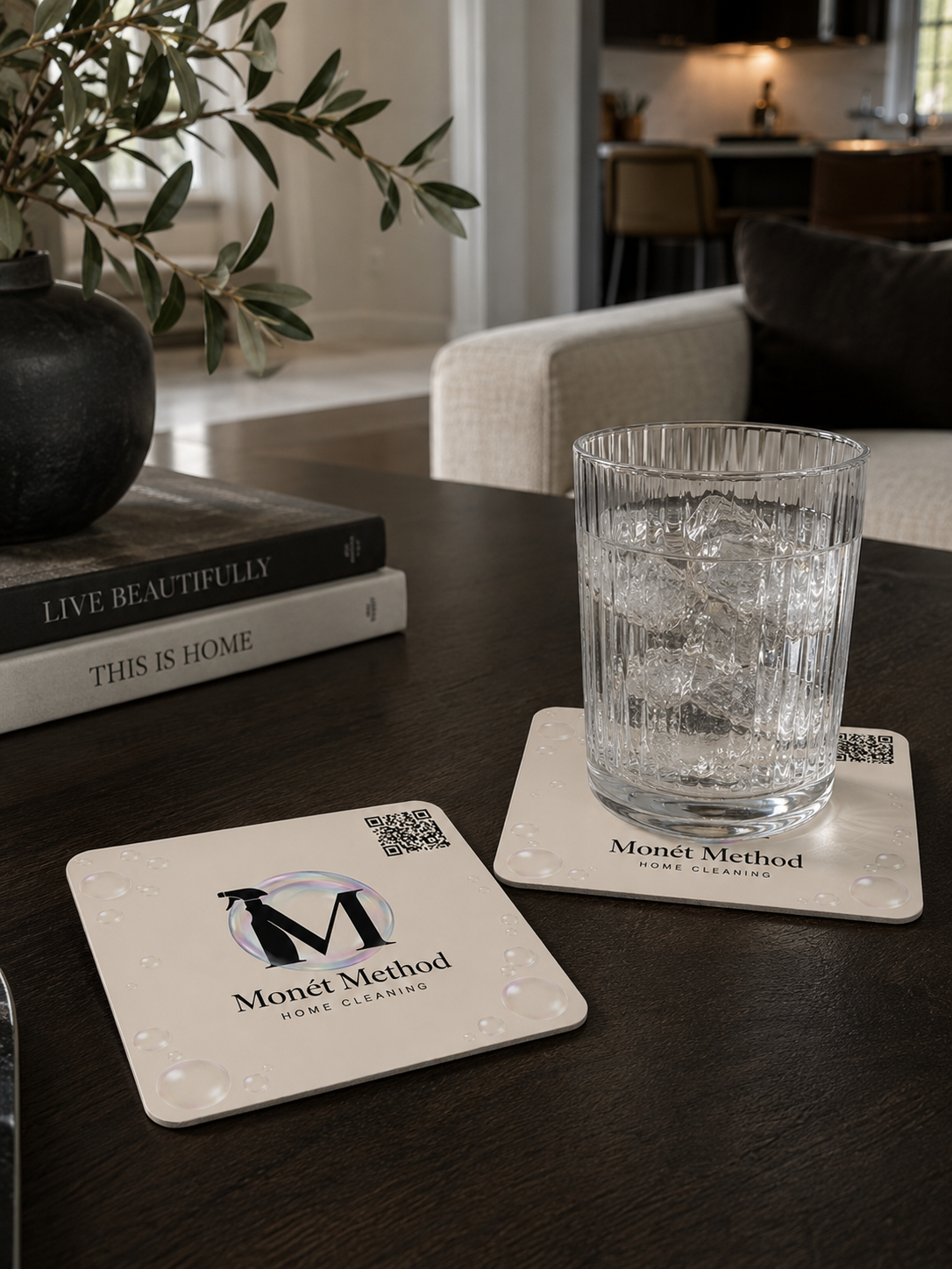 Monét Method Home Cleaning | Coasters: Branded coaster set for a luxury home cleaning service. Iridescent bubble motif wraps a sculpted M mark, paired with a scannable QR that turns everyday touchpoints into quiet lead generation.
