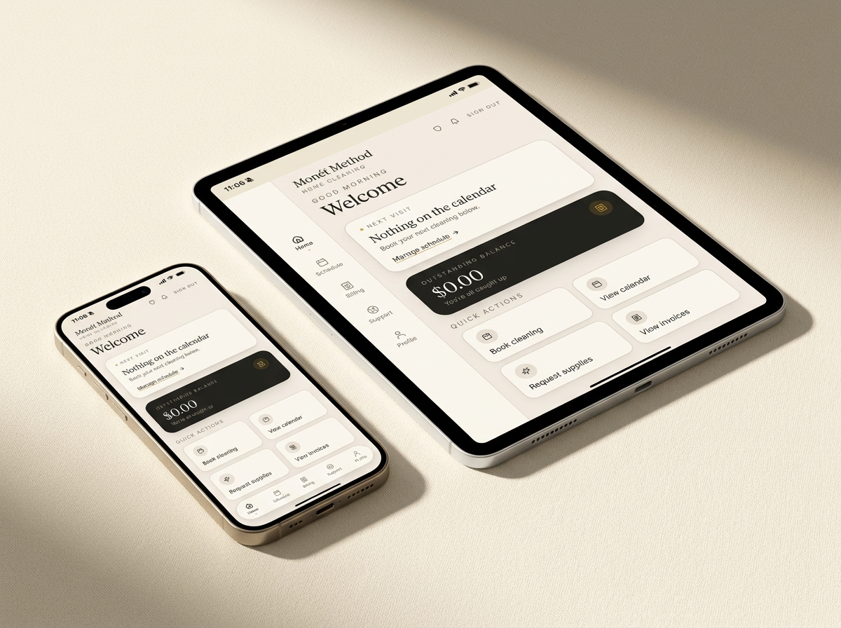 Monét Method Home Care: A home‑care booking app and client portal, shown here on phone and tablet, with concierge scheduling, service tracking, and secure messaging.