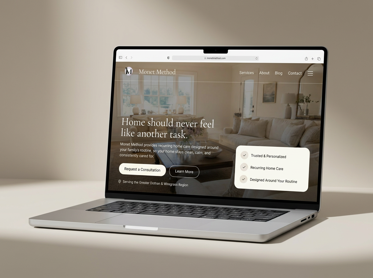 Monét Method: Our most popular site design: a classic console-style business website with warm editorial typography, clean navigation, and a layout that converts. Available for businesses to purchase and make their own.